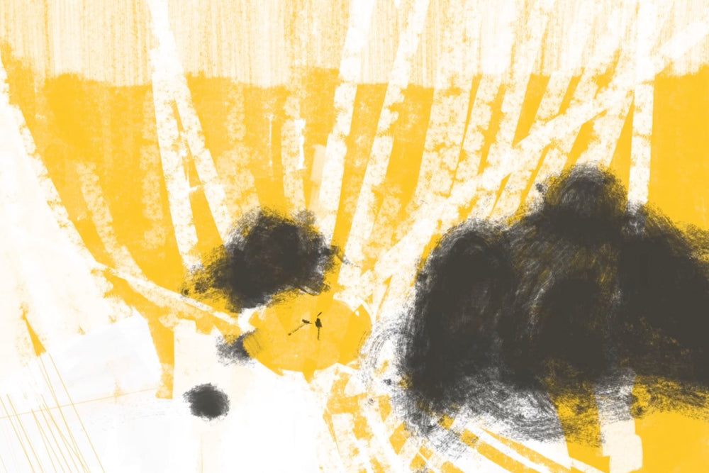 Abstract art with black and white shapes on a yellow background