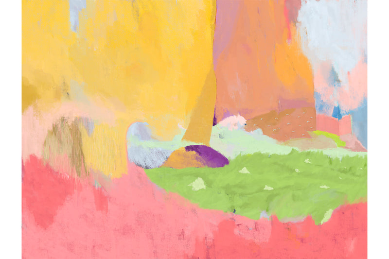 An illustration of a quiet, restful room with a peaceful green pasture, floating mini clouds, a hill, rainfall of blessing, sky