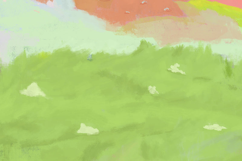 Detail image of a green pasture with floating mini clouds