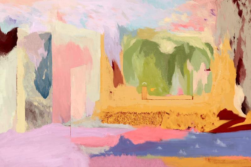 A colorful illustration of a hope-filled imaginary room with peaceful river stream, waves, door, grass, sky