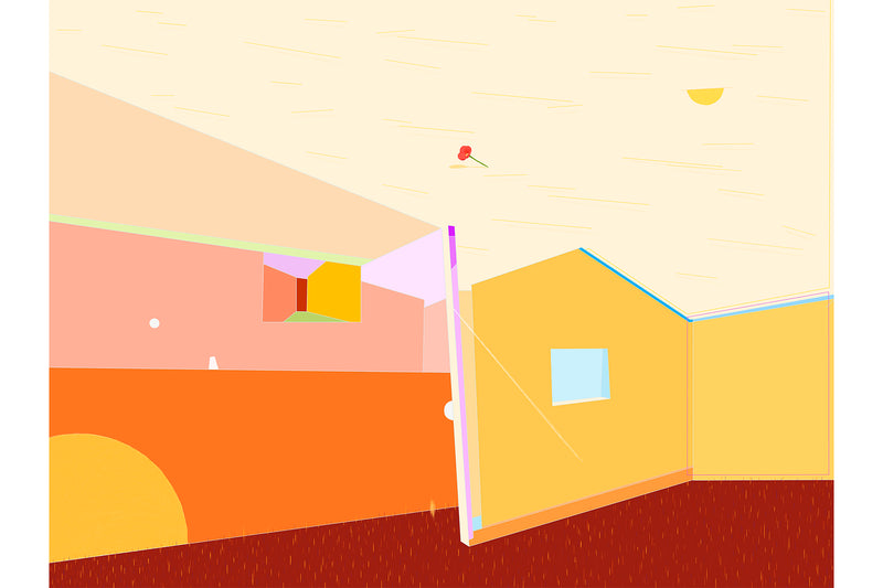 Colorful upside down room with floating flower, peekabooing Sun in the stream of sunlight.