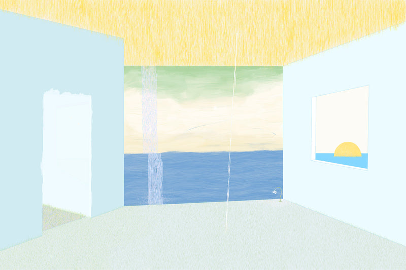 An imaginary room where artist met his younger self asking for forgiveness and reconciliation to not stuck in the past but to move on. The artist teared off the ceiling to bring down the Light, as if Leper's friends act from Bible in Luke chapter 5, for healing. Yellow-filled ceiling with calming ocean view and floating Sun on the right, growing grass on the bottom of the painting with a withered summer Snowflake flower.