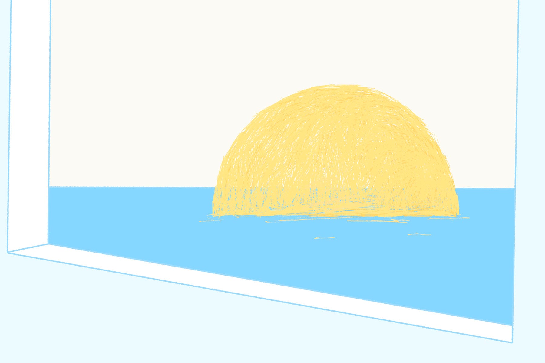 Detail image of floating Sun on the water watching through opening of a window.