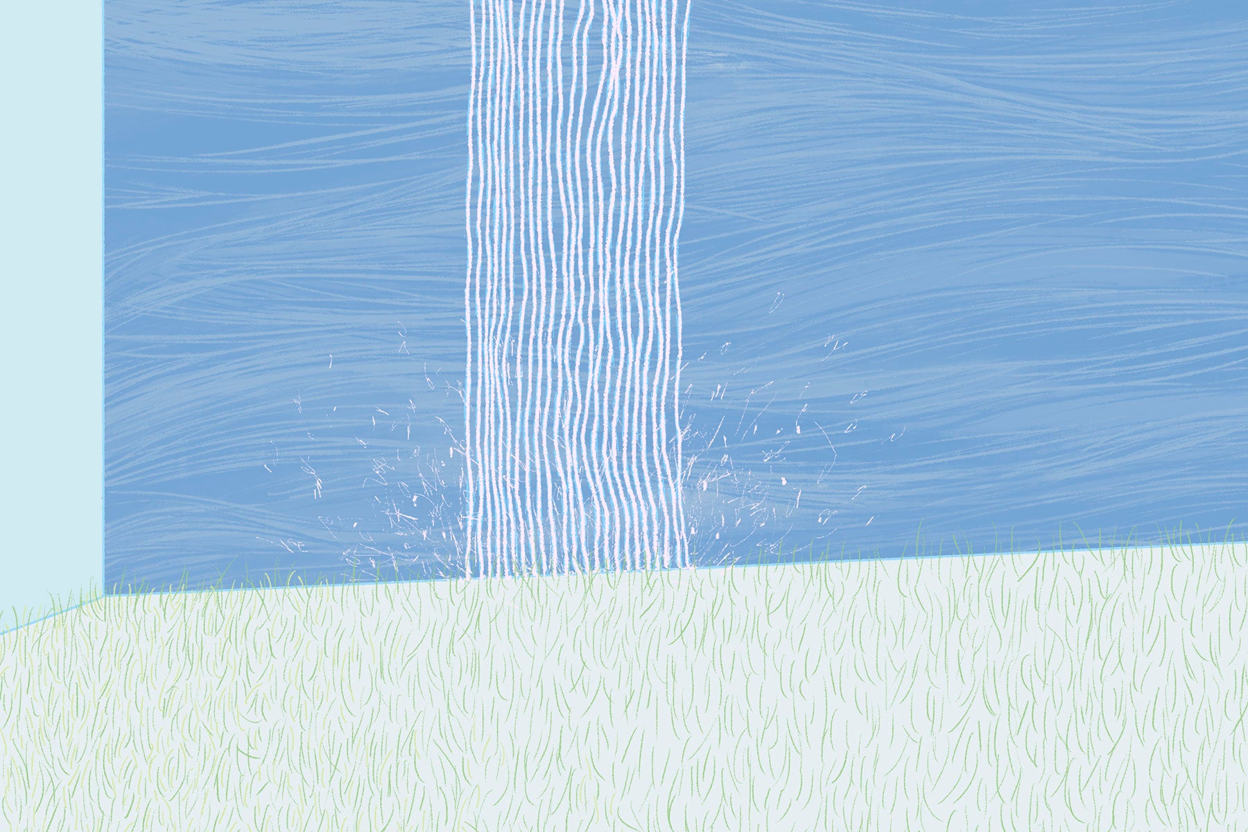Detail image of water fall on the floor. Splashing water. Peaceful waves in the background. Growing grass on the floor.